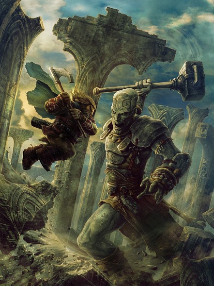 a Khage battles a stone giant